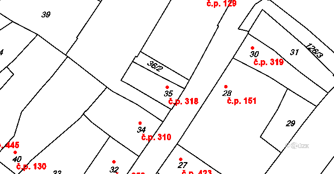 Hulín 318 na parcele st. 35 v KÚ Hulín, Katastrální mapa