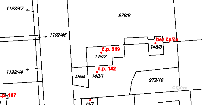 Želivec 219, Sulice na parcele st. 148/2 v KÚ Sulice, Katastrální mapa