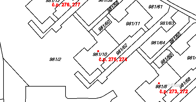 Chlumec 274,275 na parcele st. 981/11 v KÚ Chlumec u Chabařovic, Katastrální mapa