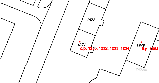 Kadaň 1232,1233,1234,1235 na parcele st. 1971 v KÚ Kadaň, Katastrální mapa