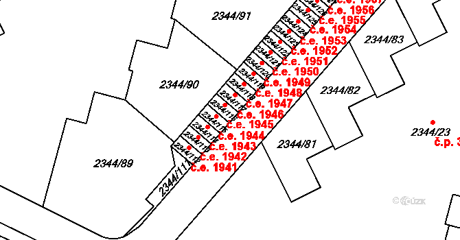 Teplice 1945 na parcele st. 2344/116 v KÚ Teplice, Katastrální mapa