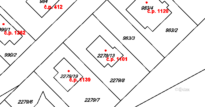 Suchdol 1101, Praha na parcele st. 2279/13 v KÚ Suchdol, Katastrální mapa