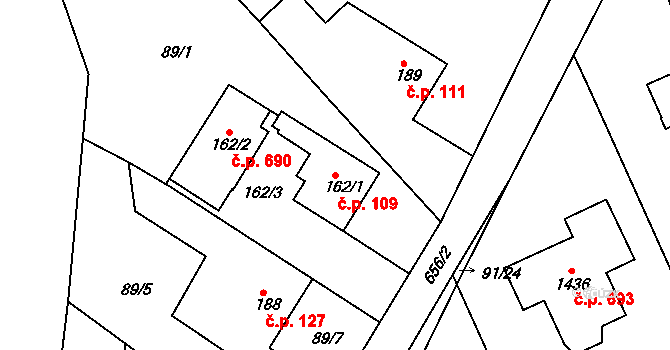 Třebeš 109, Hradec Králové na parcele st. 162/1 v KÚ Třebeš, Katastrální mapa