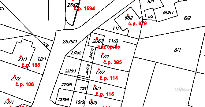 Rosice 385 na parcele st. 17/1 v KÚ Rosice u Brna, Katastrální mapa