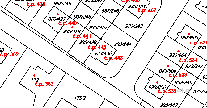 Satalice 443, Praha na parcele st. 933/430 v KÚ Satalice, Katastrální mapa