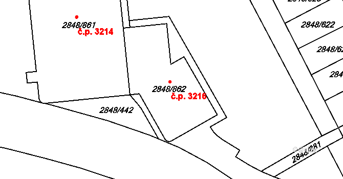 Záběhlice 3216, Praha na parcele st. 2848/862 v KÚ Záběhlice, Katastrální mapa