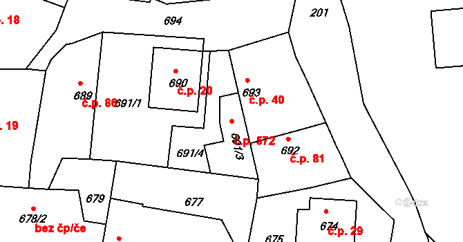 Běchovice 572, Praha na parcele st. 691/3 v KÚ Běchovice, Katastrální mapa