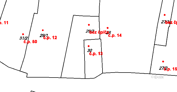 Borkovice 13 na parcele st. 30 v KÚ Borkovice, Katastrální mapa