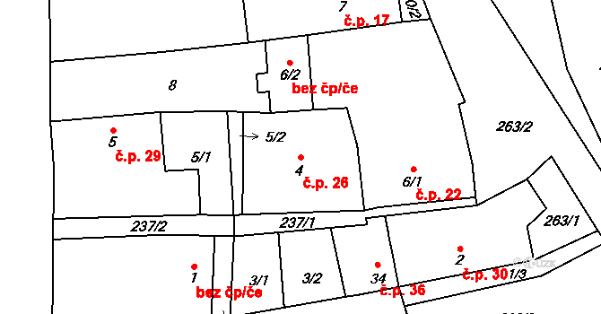 Popovice 26, Všeruby na parcele st. 4 v KÚ Popovice u Chrančovic, Katastrální mapa