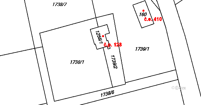 Trojanovice 128 na parcele st. 1256/1 v KÚ Trojanovice, Katastrální mapa
