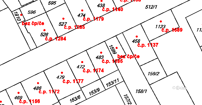 Nový Jičín 1185 na parcele st. 483 v KÚ Nový Jičín-Dolní Předměstí, Katastrální mapa