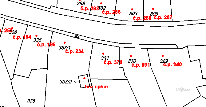 Podbořany 376 na parcele st. 331 v KÚ Podbořany, Katastrální mapa
