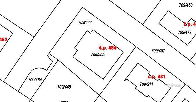 Popůvky 484 na parcele st. 709/505 v KÚ Popůvky u Brna, Katastrální mapa