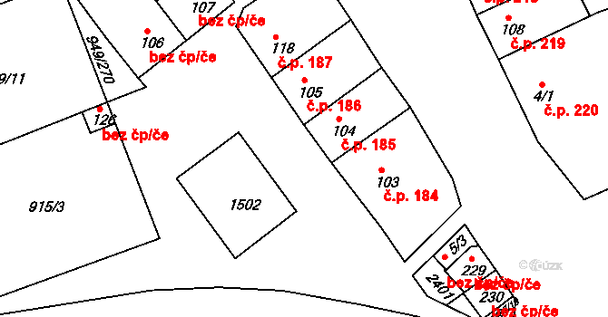 Jezeřany-Maršovice 185 na parcele st. 104 v KÚ Maršovice, Katastrální mapa