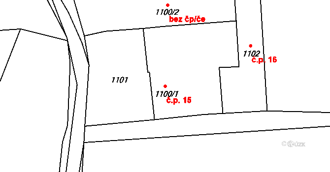 Hradce 15 na parcele st. 1100/1 v KÚ Hradce u Homol, Katastrální mapa