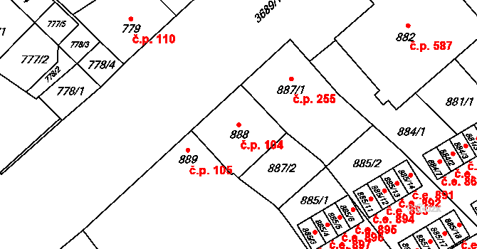 Vyškov-Předměstí 104, Vyškov na parcele st. 888 v KÚ Vyškov, Katastrální mapa