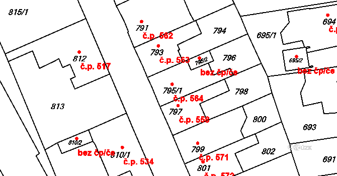 Kosmonosy 564 na parcele st. 795/1 v KÚ Kosmonosy, Katastrální mapa