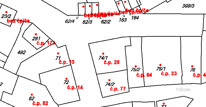 Kožušany 25, Kožušany-Tážaly na parcele st. 74/1 v KÚ Kožušany, Katastrální mapa