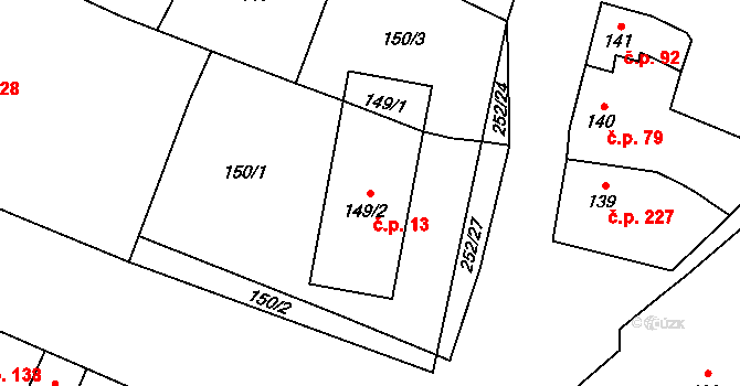 Majetín 13 na parcele st. 149/2 v KÚ Majetín, Katastrální mapa