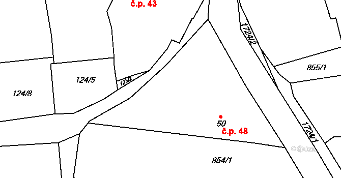 Pořežany 48, Žimutice na parcele st. 50 v KÚ Pořežany, Katastrální mapa