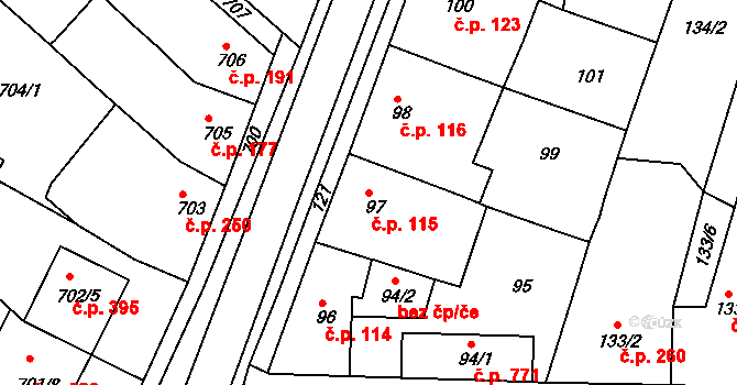 Soběšice 115, Brno na parcele st. 97 v KÚ Soběšice, Katastrální mapa