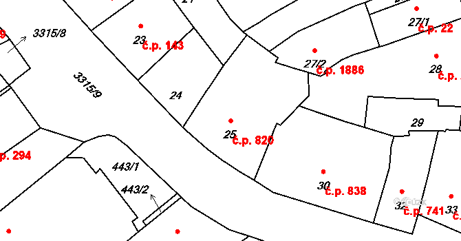 Pelhřimov 820 na parcele st. 25 v KÚ Pelhřimov, Katastrální mapa