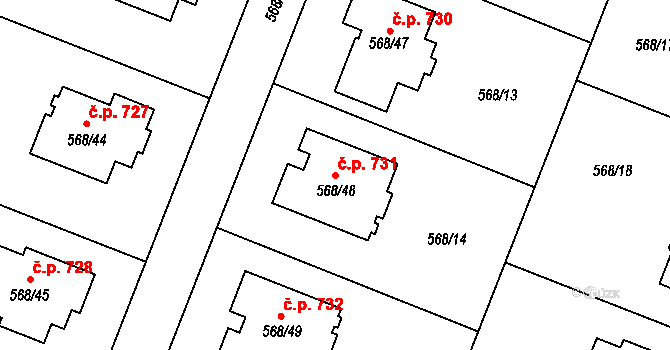 Šeberov 731, Praha na parcele st. 568/48 v KÚ Šeberov, Katastrální mapa