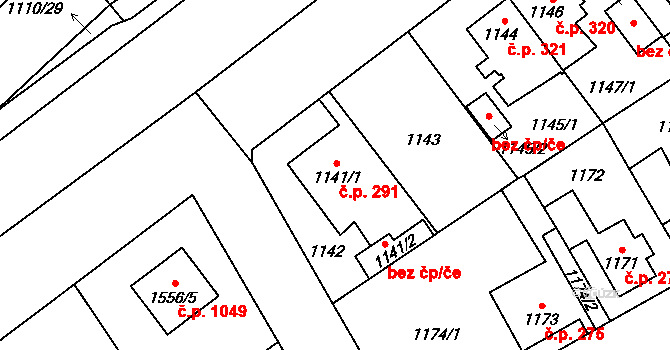 Radotín 291, Praha na parcele st. 1141/1 v KÚ Radotín, Katastrální mapa