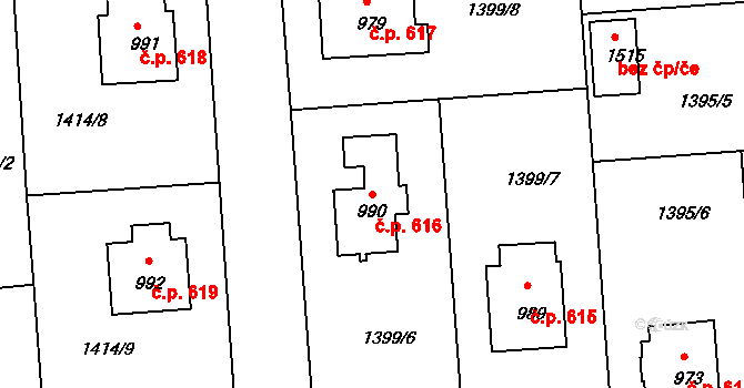 Rožmitál pod Třemšínem 616 na parcele st. 990 v KÚ Rožmitál pod Třemšínem, Katastrální mapa