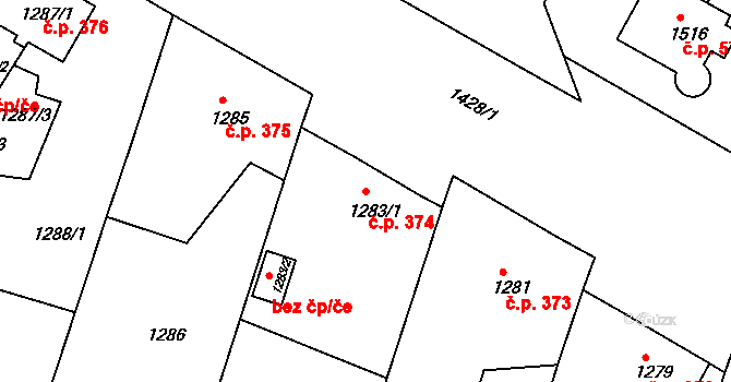 Česká Lípa 374 na parcele st. 1283/1 v KÚ Česká Lípa, Katastrální mapa