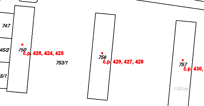 Zbýšov 427,428,429 na parcele st. 756 v KÚ Zbýšov u Oslavan, Katastrální mapa