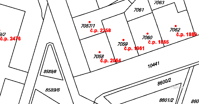 Jižní Předměstí 2064, Plzeň na parcele st. 7058 v KÚ Plzeň, Katastrální mapa