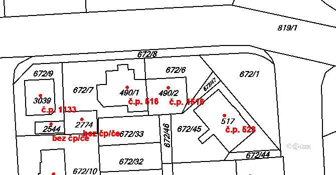 Sezimovo Ústí 1516 na parcele st. 490/2 v KÚ Sezimovo Ústí, Katastrální mapa
