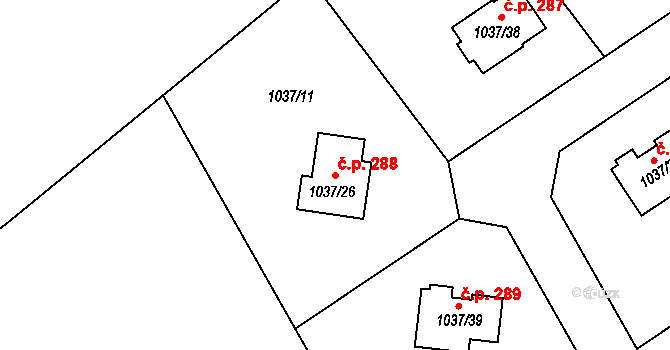 Bernartice nad Odrou 288 na parcele st. 1037/26 v KÚ Bernartice nad Odrou, Katastrální mapa