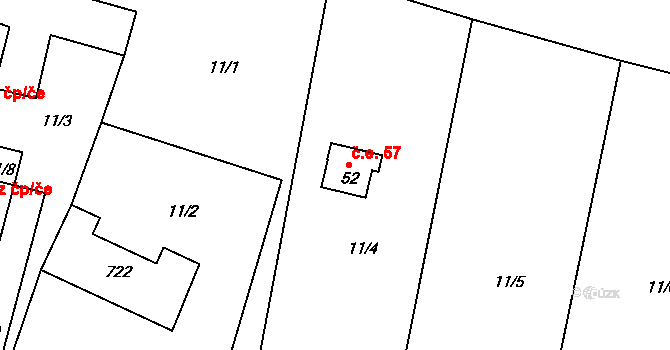 Lhotka 57, Kostelany na parcele st. 52 v KÚ Lhotka u Kroměříže, Katastrální mapa