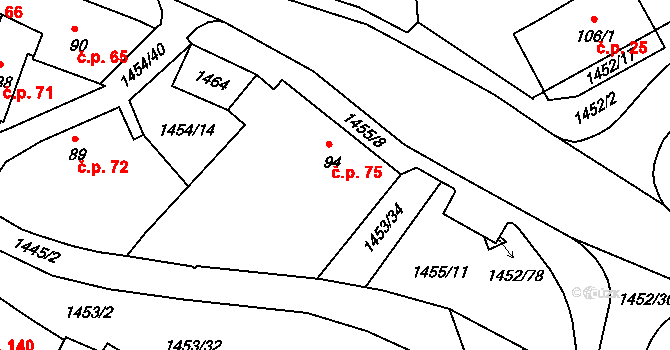 Doubravy 75 na parcele st. 94 v KÚ Doubravy, Katastrální mapa
