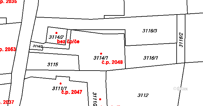 Prostřední Dvůr 2048, Vítkov na parcele st. 3114/1 v KÚ Vítkov, Katastrální mapa