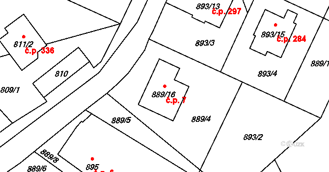 Chuchelná 7 na parcele st. 889/16 v KÚ Chuchelná, Katastrální mapa