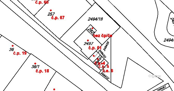 Mouřínov 51 na parcele st. 2497 v KÚ Mouřínov, Katastrální mapa