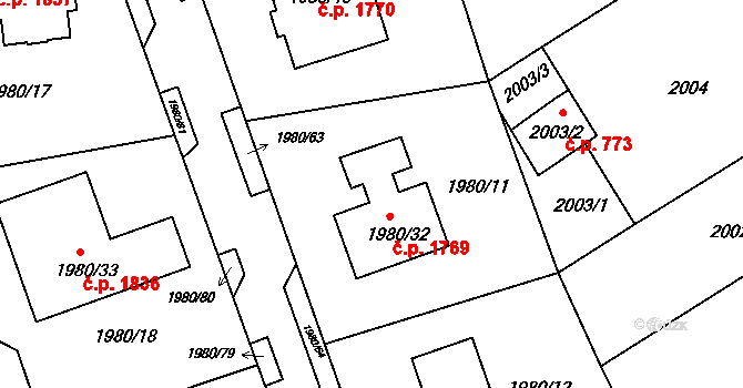 Jirkov 1769 na parcele st. 1980/32 v KÚ Jirkov, Katastrální mapa