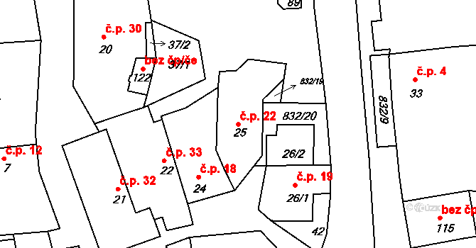 Bor u Chroustovic 22, Rosice na parcele st. 25 v KÚ Bor u Chroustovic, Katastrální mapa