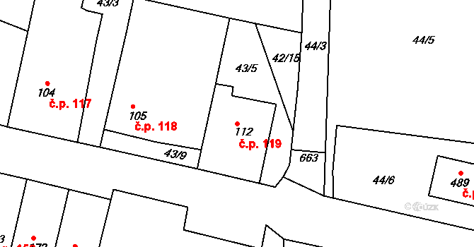 Smrkovice 119, Písek na parcele st. 112 v KÚ Smrkovice, Katastrální mapa