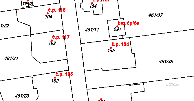 Třebotov 124 na parcele st. 185 v KÚ Třebotov, Katastrální mapa