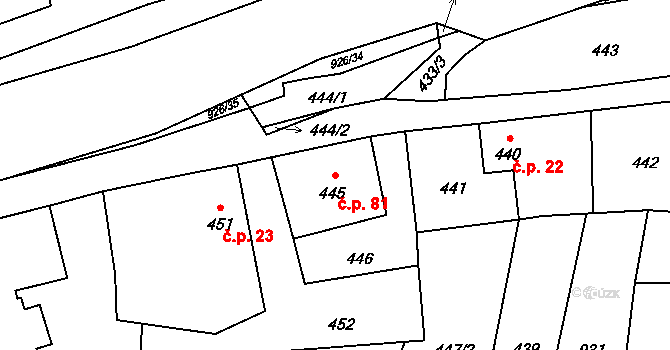 Jerlochovice 81, Fulnek na parcele st. 445 v KÚ Jerlochovice, Katastrální mapa