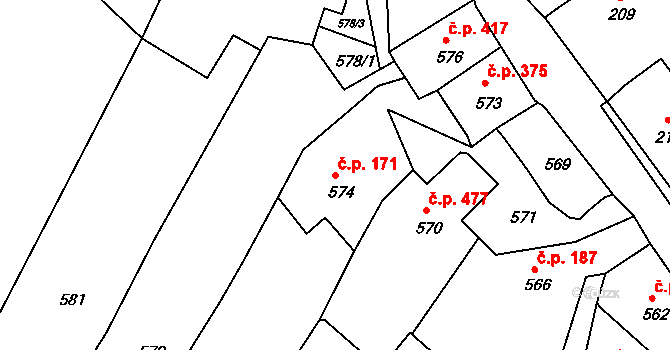 Štramberk 171 na parcele st. 574 v KÚ Štramberk, Katastrální mapa