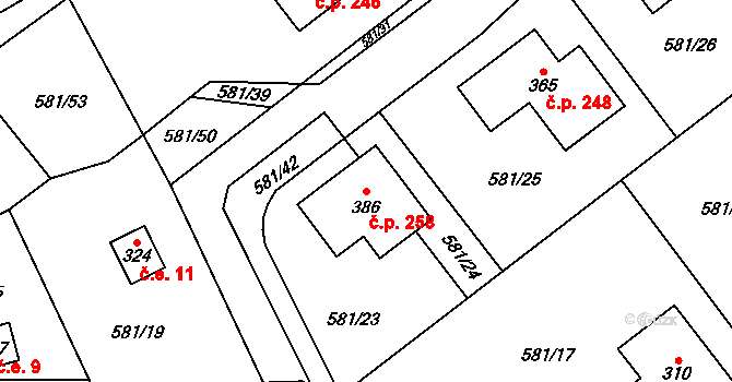 Podluhy 258 na parcele st. 386 v KÚ Podluhy, Katastrální mapa