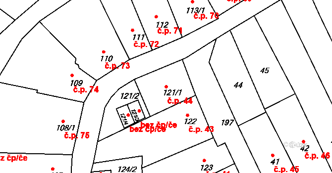 Odry 44 na parcele st. 121/1 v KÚ Odry, Katastrální mapa