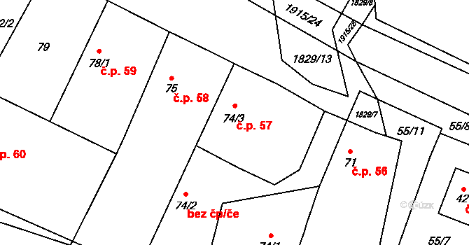 Kolešovice 57 na parcele st. 74/3 v KÚ Kolešovice, Katastrální mapa