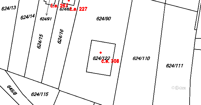Žižlavice 308, Blansko na parcele st. 624/122 v KÚ Těchov, Katastrální mapa