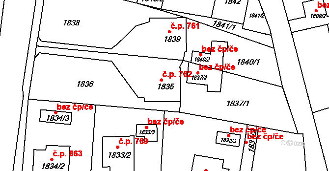 Podbořany 762 na parcele st. 1835 v KÚ Podbořany, Katastrální mapa